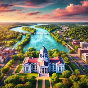 A vibrant aerial view of Jefferson City, Missouri, showcasing the Missouri River and the Missouri State Capitol surrounded by lush greenery under a br