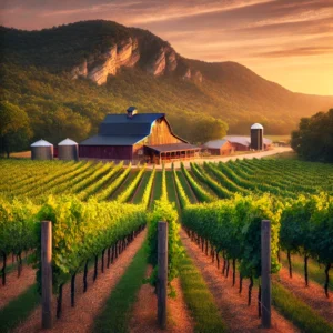 A picturesque vineyard in Missouri's wine country with rows of grapevines stretching into the distance, a rustic barn in the background, and a soft go