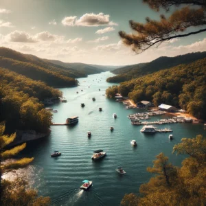 A scenic shot of the Lake of the Ozarks with boats on the water, surrounded by forested hills during a sunny day