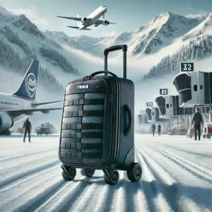 Thule Roundtrip Ski Roller Bag being wheeled through a snowy mountain airport, highlighting its ergonomic handle