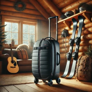 Thule Roundtrip Ski Roller Bag standing upright in a cozy cabin setting, showcasing its self-standing design with winter gear and