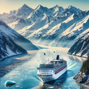 an Alaska cruise ship navigating through icy waters with majestic snow-covered mountains in the background, showcasing the stunning