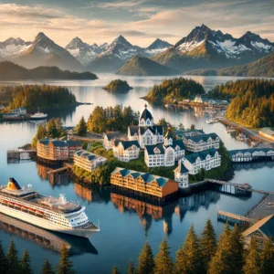 Sitka, Alaska, showcasing Russian-inspired architecture surrounded by rugged mountains and tranquil waters, with a cruise ship