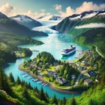 view of Juneau, Alaska, featuring the Mendenhall Glacier in the background, surrounded by lush greenery and crystal-clear waters, with