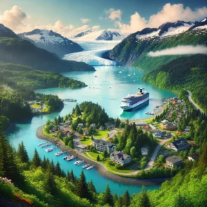 view of Juneau, Alaska, featuring the Mendenhall Glacier in the background, surrounded by lush greenery and crystal-clear waters, with