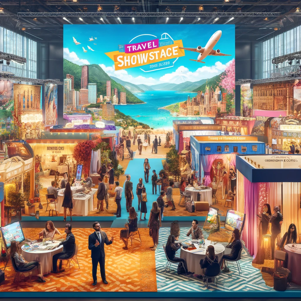 A lively scene of the Pittsburgh Travel Showcase event, featuring vibrant booths with colorful travel posters, people interacting with travel agents,