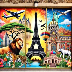 An artistic depiction of exotic travel destinations showcased at the Pittsburgh Travel Showcase, featuring iconic landmarks like the Eiffel Tower, an