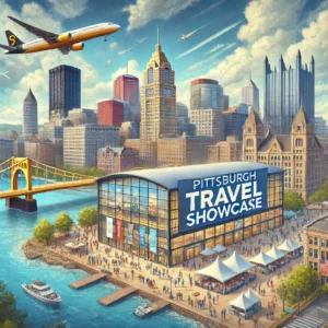 A picturesque image showcasing Pittsburgh as the host city for the travel showcase, featuring the city skyline, a convention center with banners for t