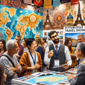 An engaging image of a travel expert at the Pittsburgh Travel Showcase booth, discussing vacation options with attendees, surrounded by maps, brochure