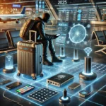 A high-tech travel scene set in 2025, featuring a traveler using smart gadgets. The image includes futuristic smart luggage with a digital lock and GP