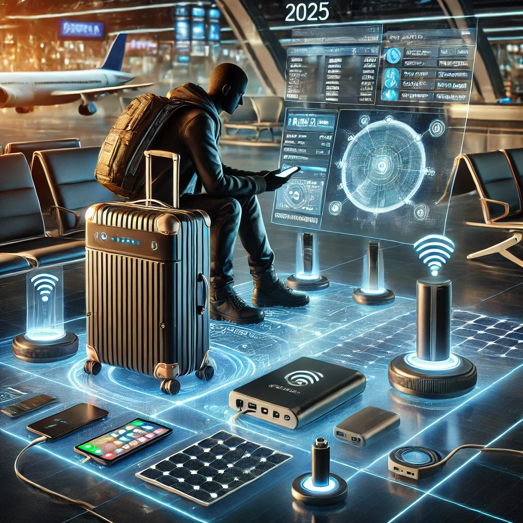 A high-tech travel scene set in 2025, featuring a traveler using smart gadgets. The image includes futuristic smart luggage with a digital lock and GP