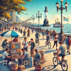 A lively daytime scene along La Rambla in Montevideo, Uruguay. The image showcases people engaging in various activities such as jogging, cycling, and